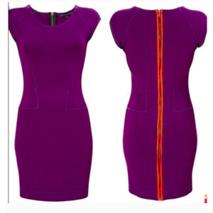 French Connection Size 6 Bodycon Dress Plum Purple & Orange Silk Trim Zipper